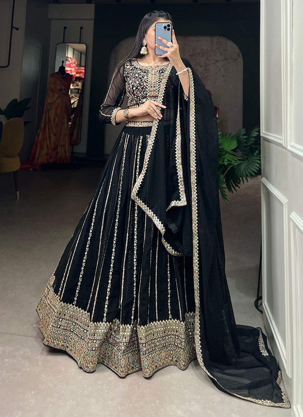 A - Line Lehenga Choli With Embroidered In Black