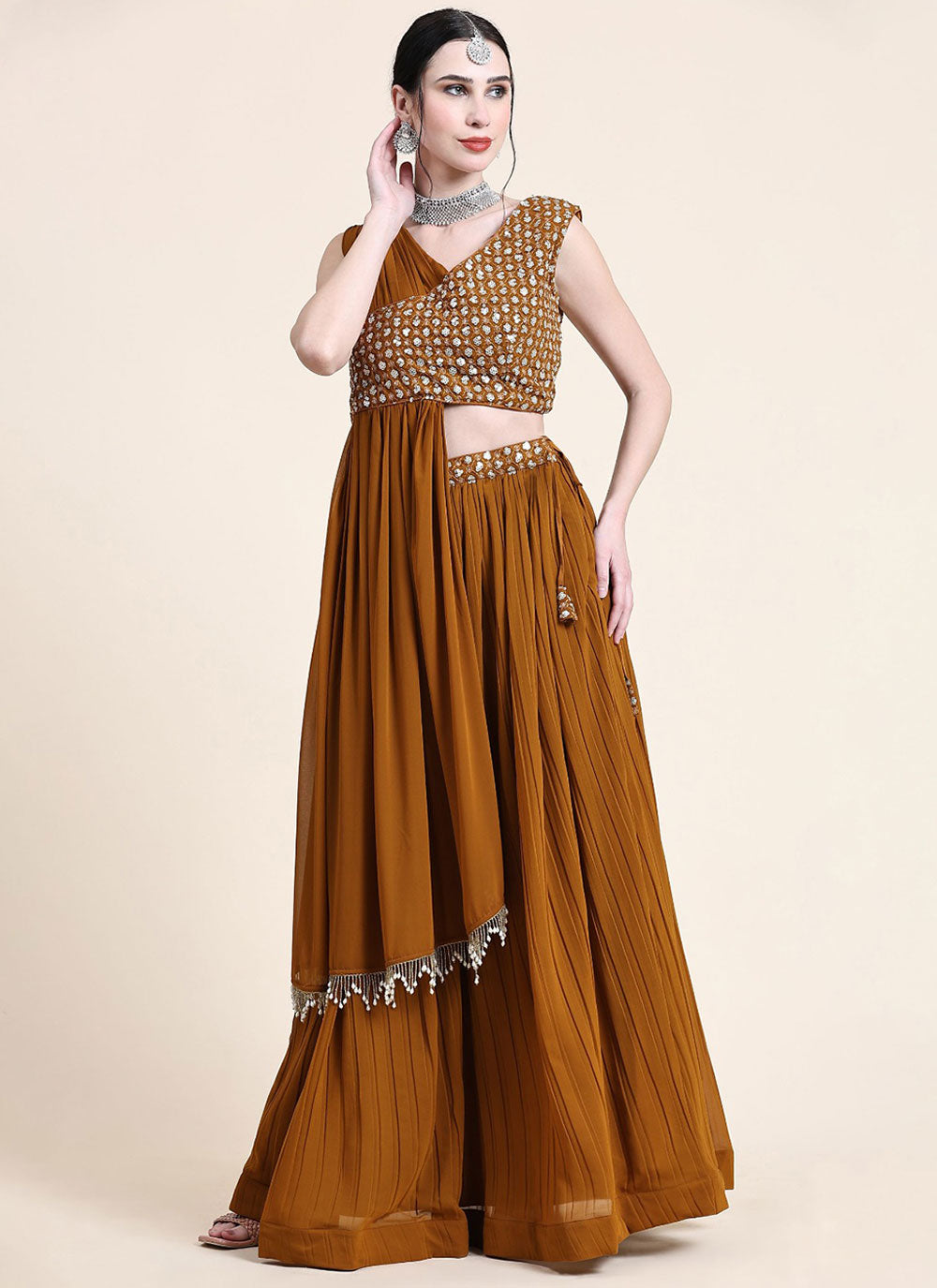 Brown Embroidered And Sequins Work Georgette Readymade Lehenga Choli