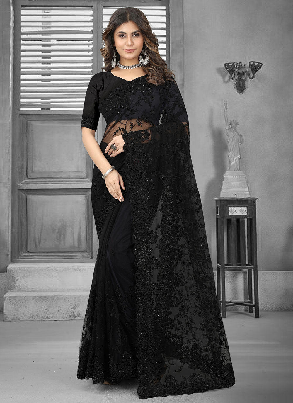 Embroidered Trendy Saree In Black