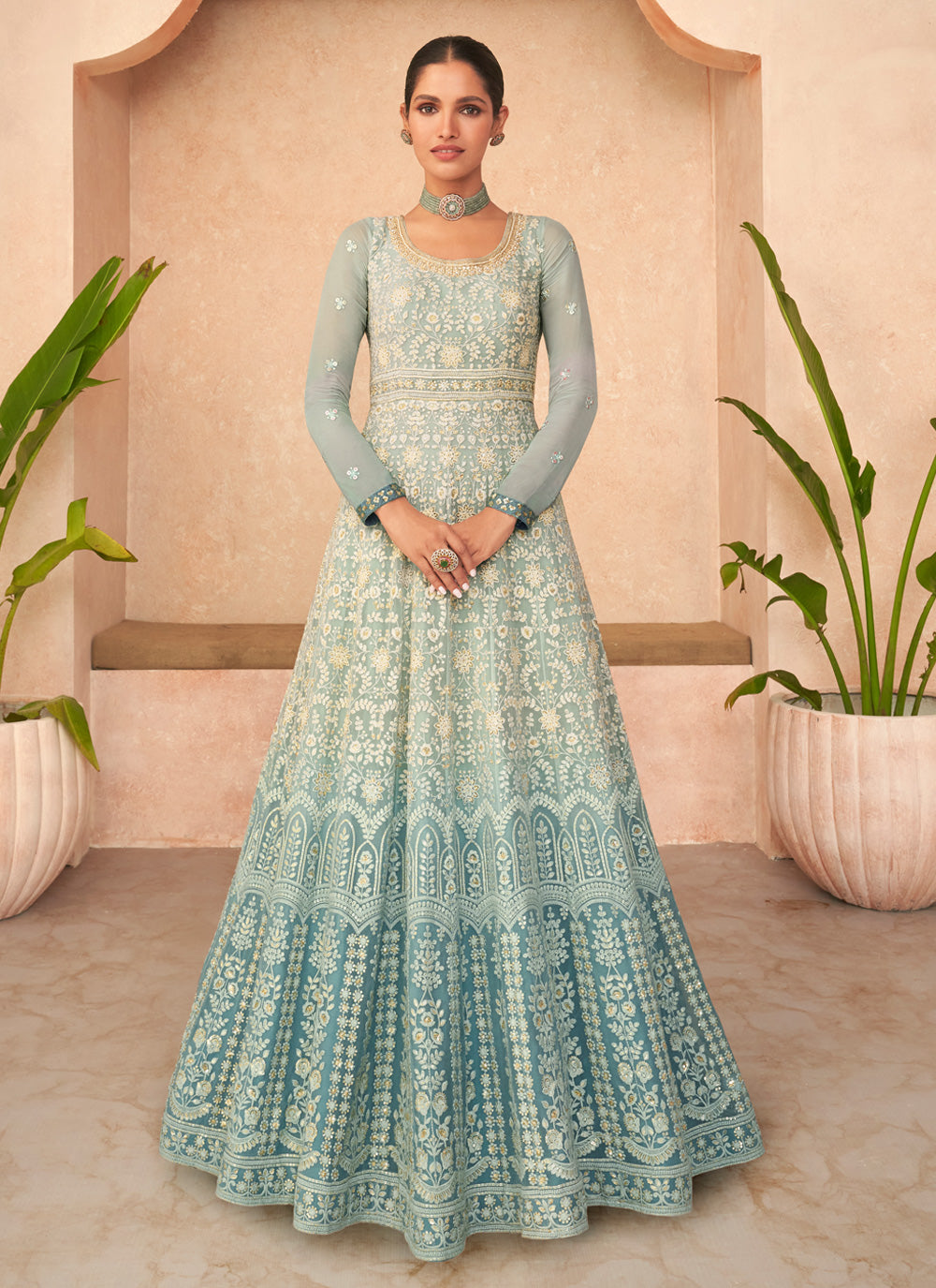 Embroidered Aqua Blue Readymade Gown