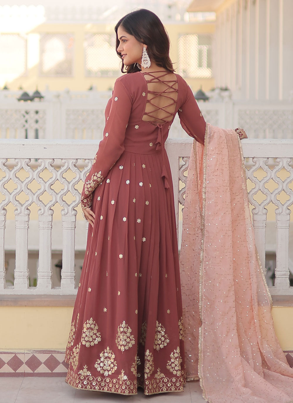 Brown Faux Georgette Designer Gown With Embroidered, Sequins, Thread And Zari Work
