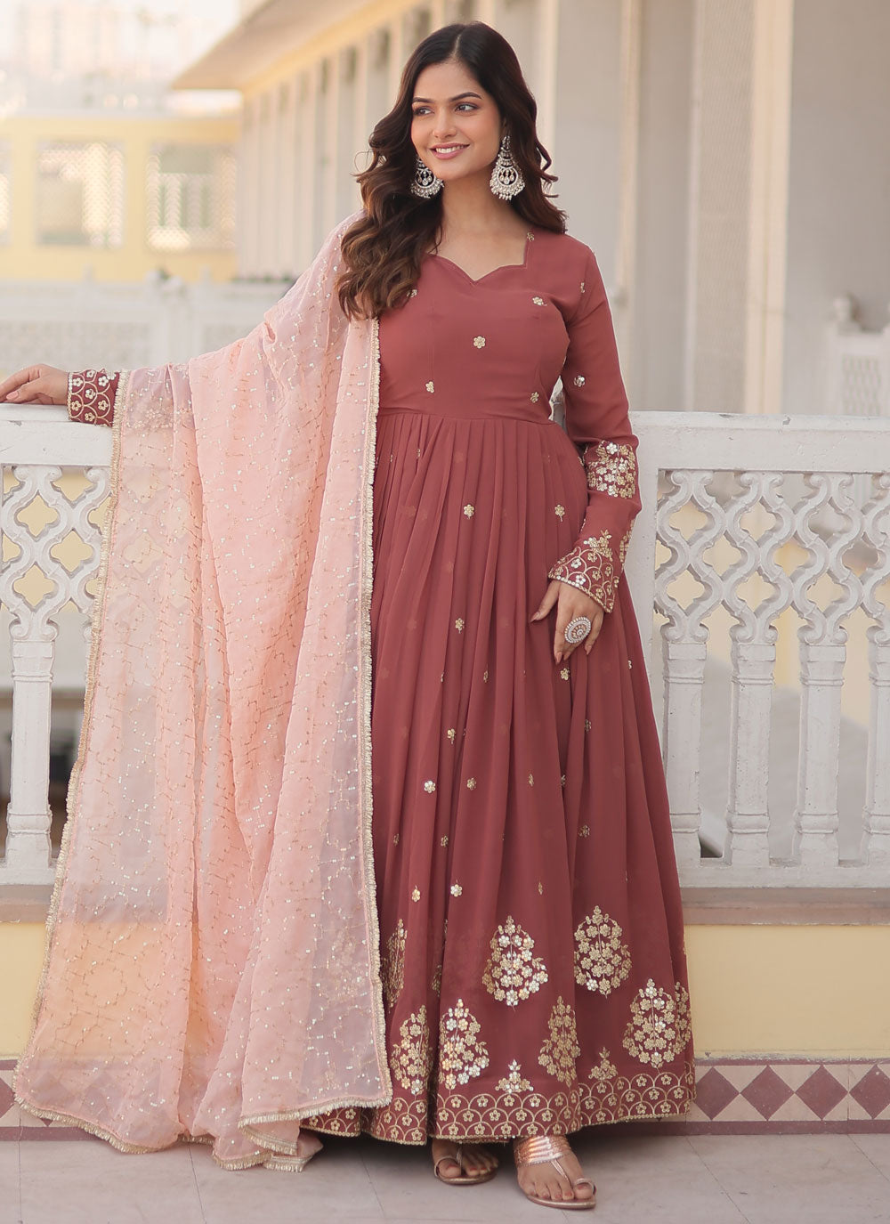 Brown Faux Georgette Designer Gown With Embroidered, Sequins, Thread And Zari Work
