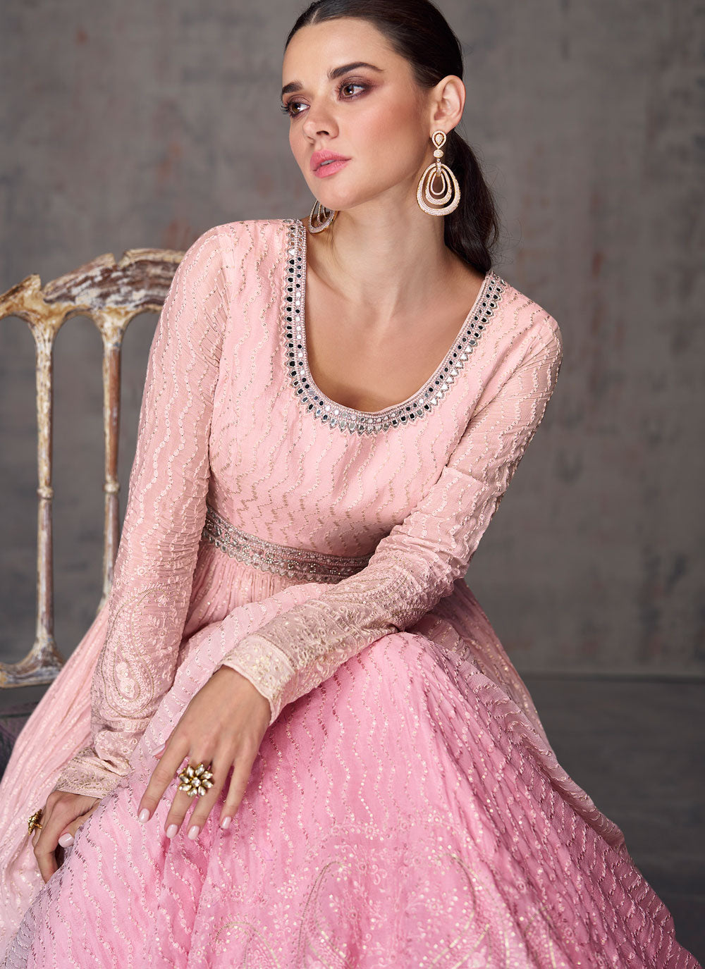 Georgette Gown With Embroidered And Mirror Work