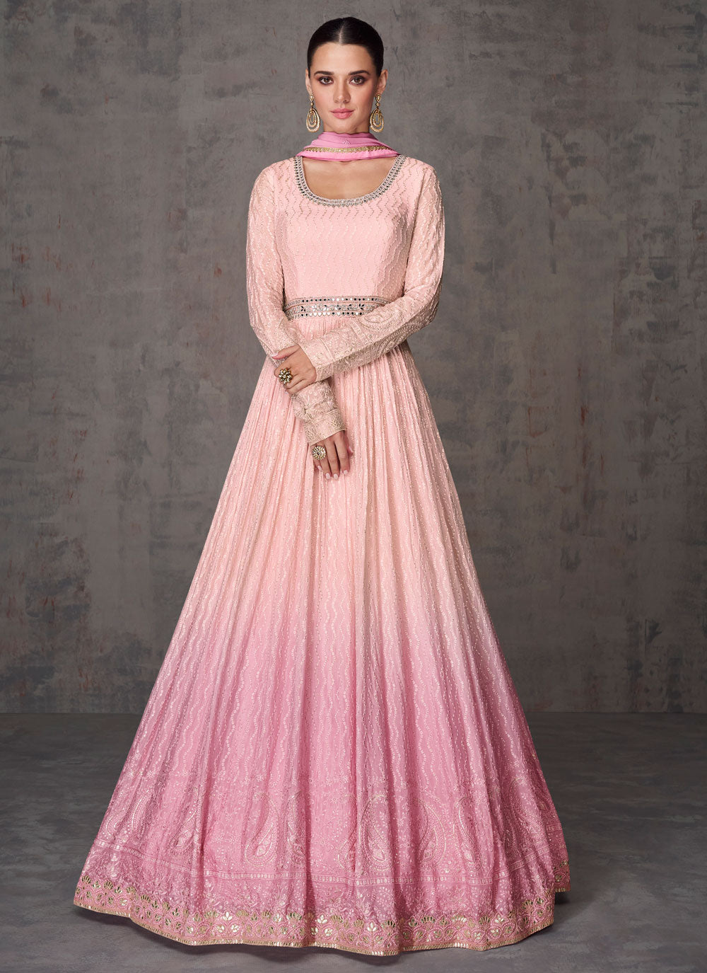 Georgette Gown With Embroidered And Mirror Work