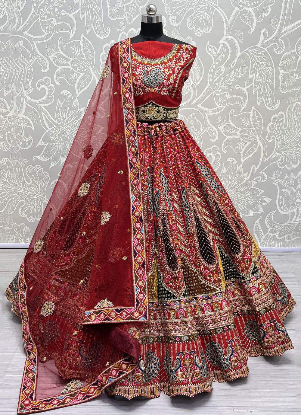 Red Silk Embroidered, Thread And Zari Work Lehenga Choli For Bridal