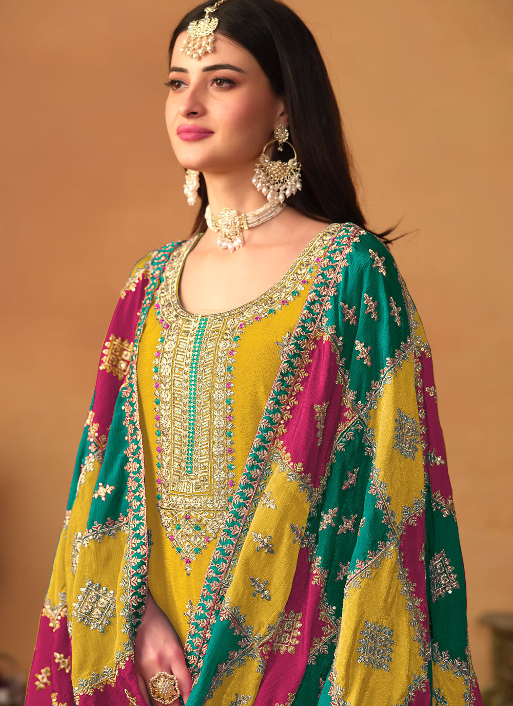 Yellow Chinon Embroidered And Sequins Work Salwar Suit