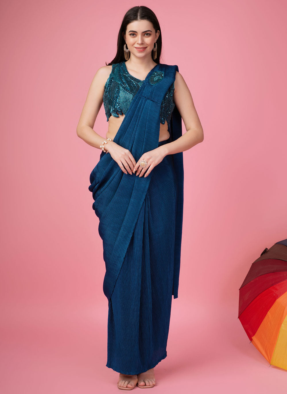Teal Crush Embroidered Work Contemporary Sari