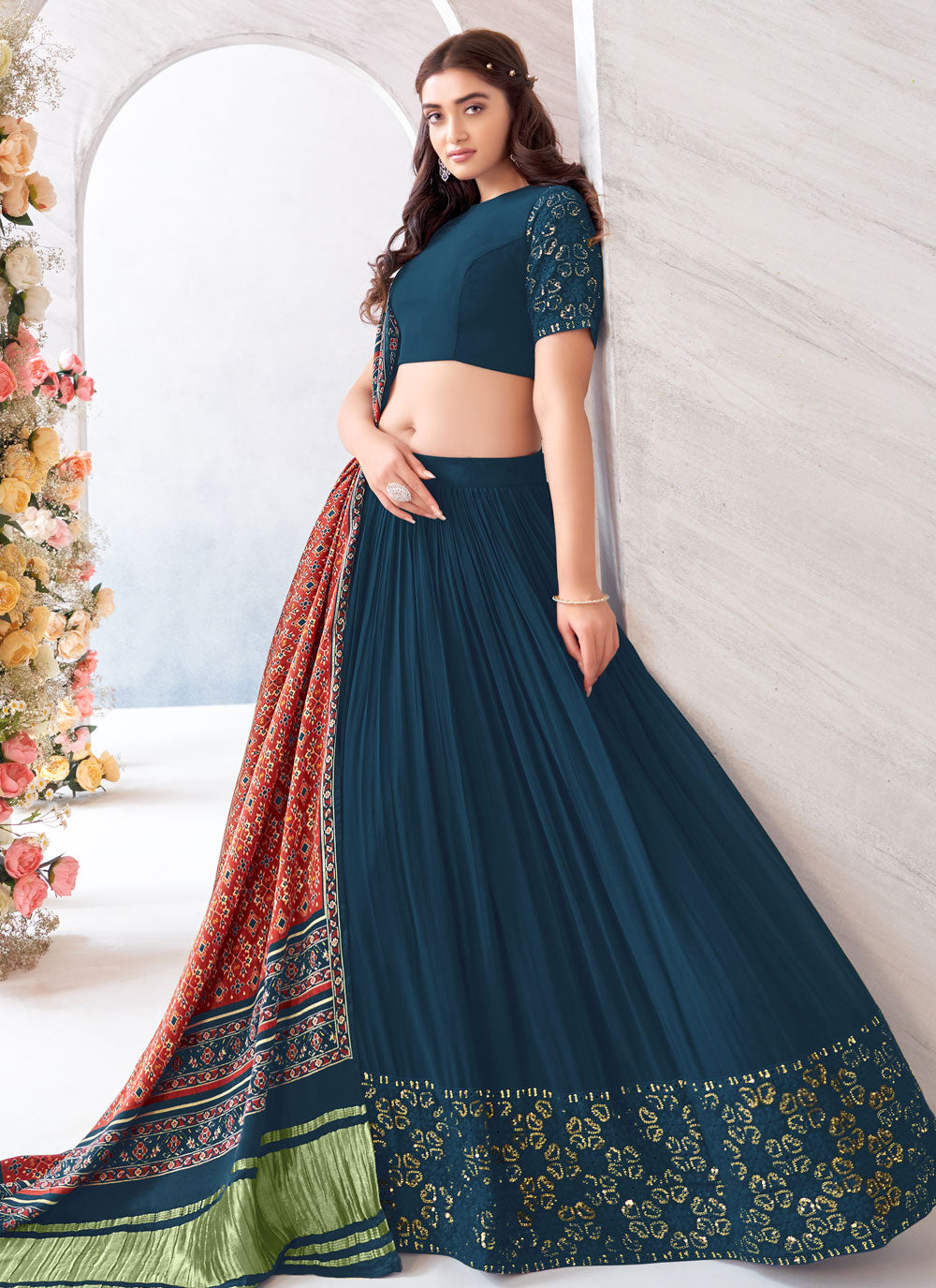 Teal Georgette Embroidered, Resham And Sequins Work Readymade Lehenga Choli For Ceremonial