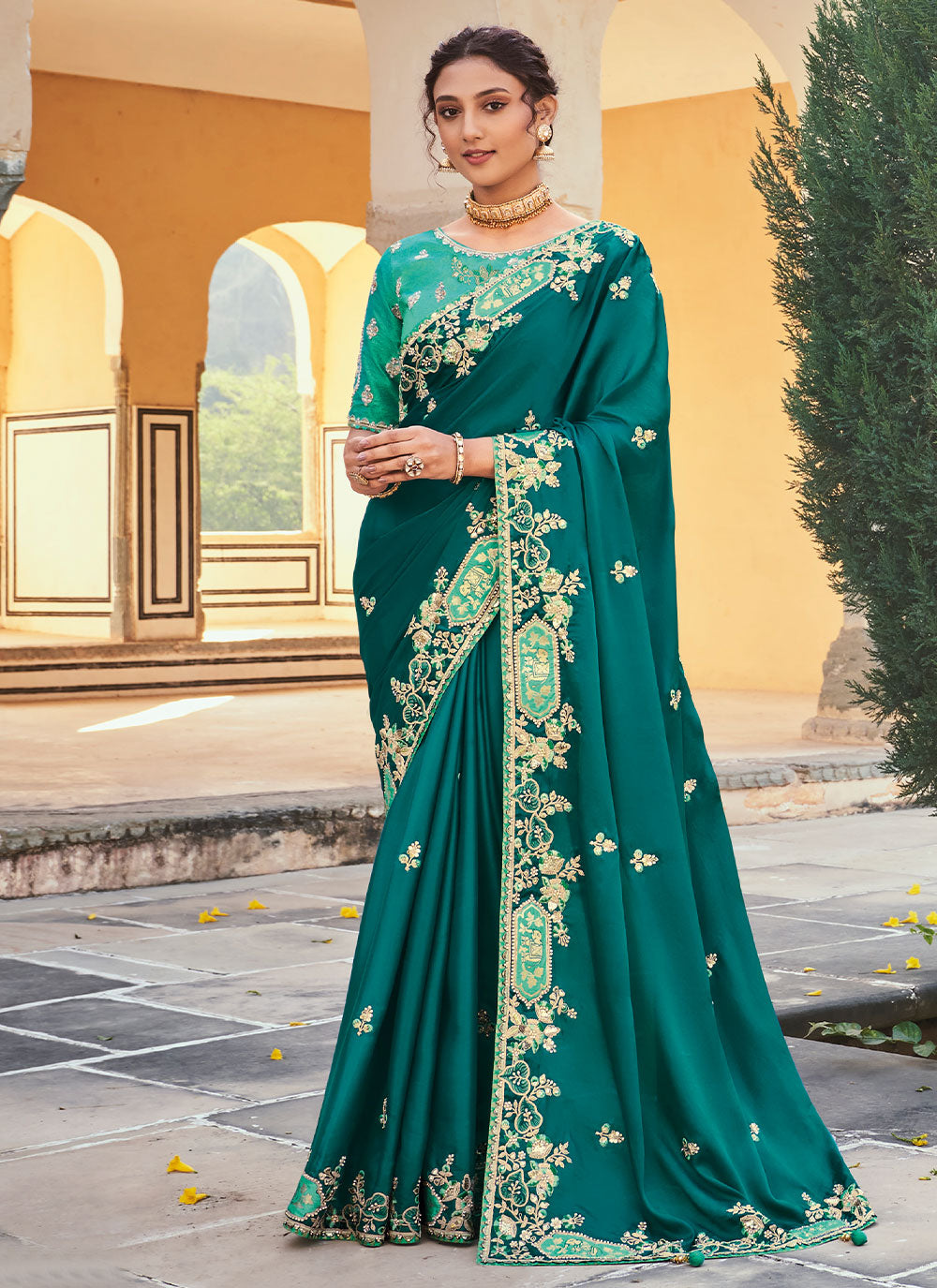 Teal  Color Embroidered Saree For Mehndi