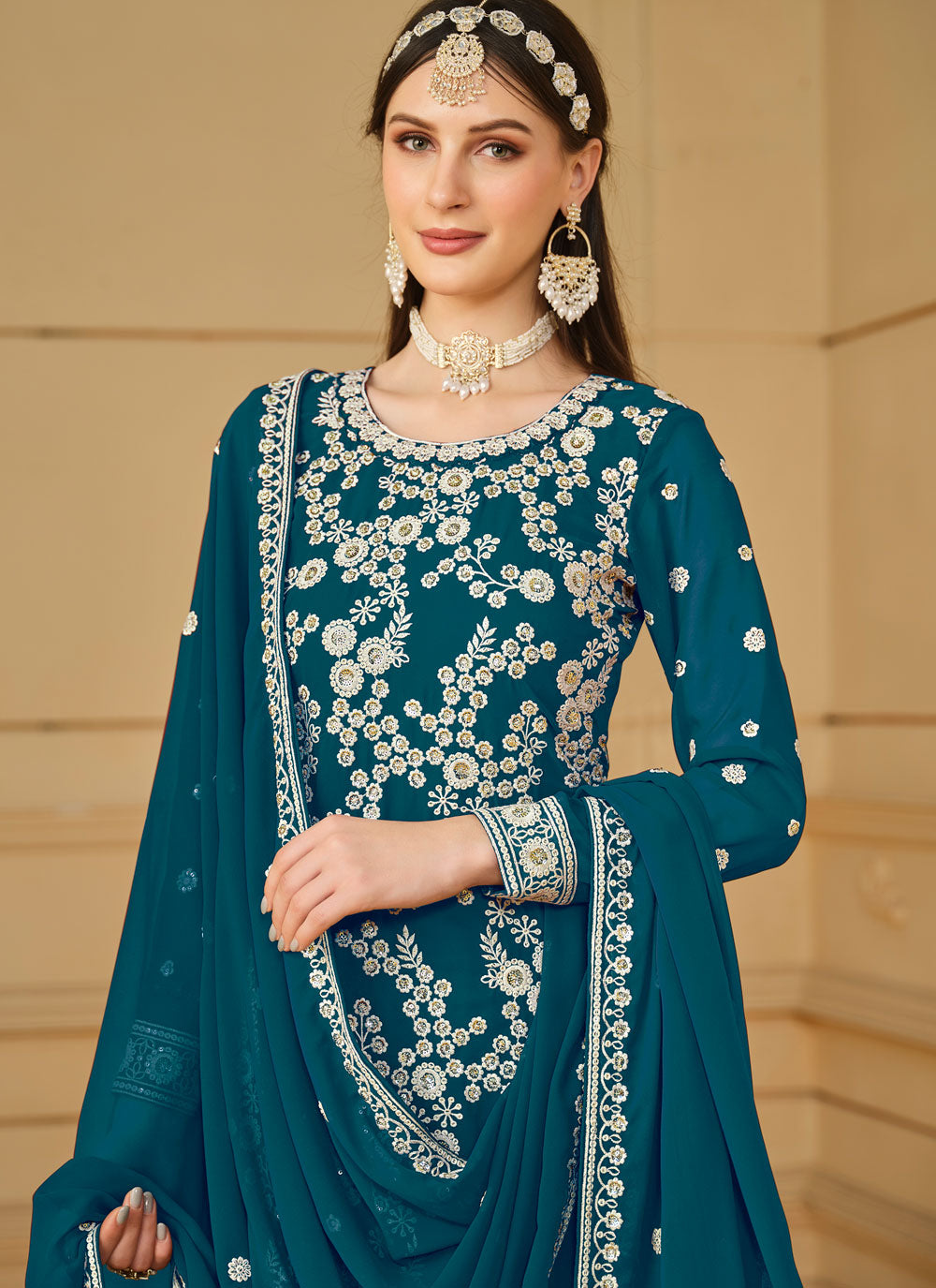 Embroidered And Sequins Work Faux Georgette Salwar Suit In Teal