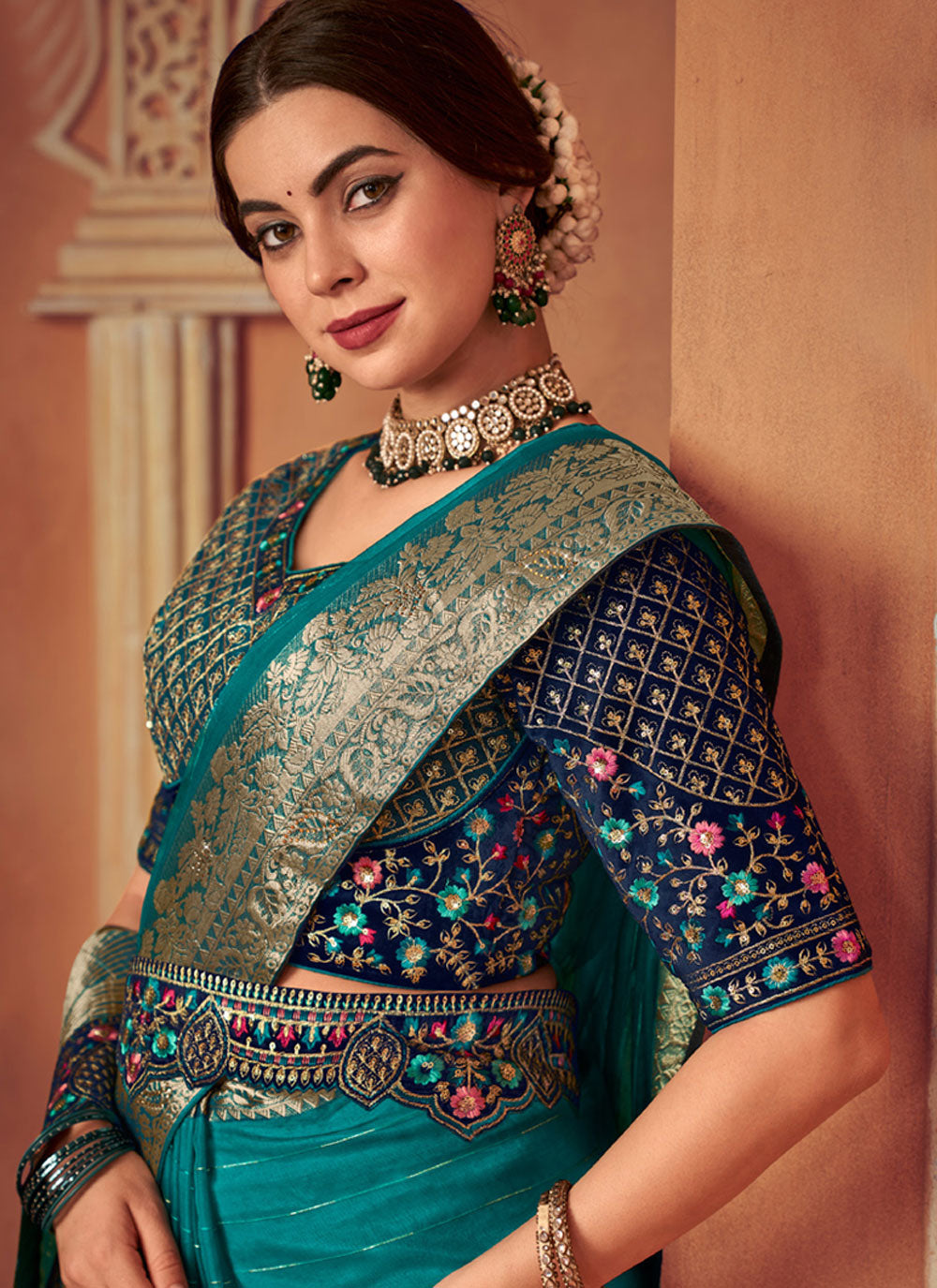 Teal Organza Embroidered, Mirror And Sequins Work Classic Sari