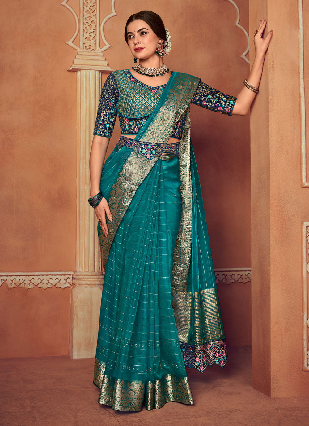 Teal Organza Embroidered, Mirror And Sequins Work Classic Sari