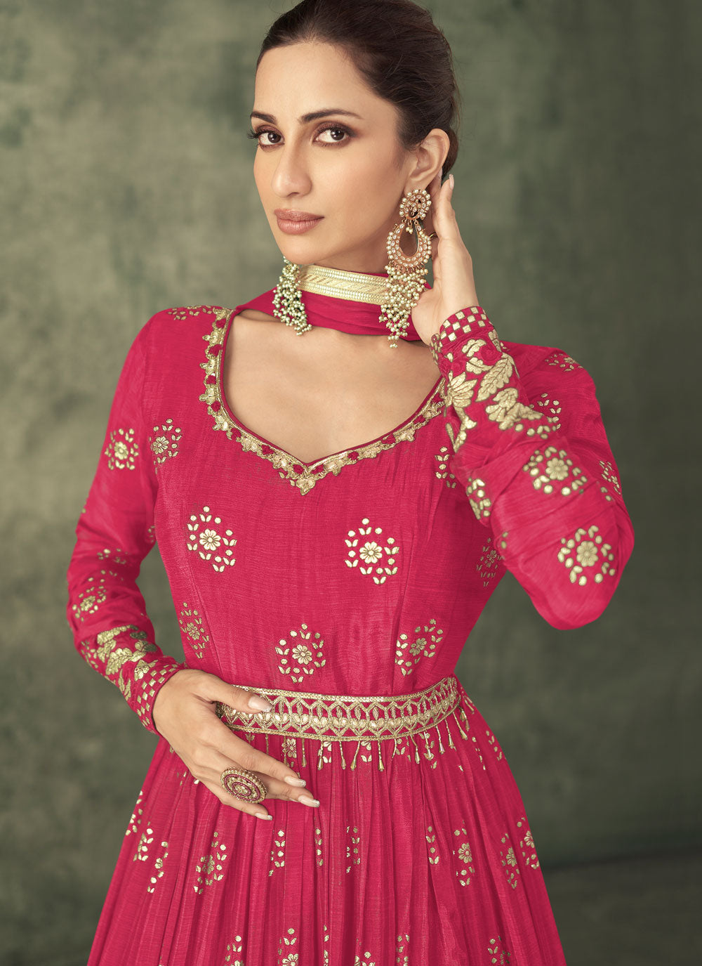 Embroidered And Foil Print Work Gown In Pink For Ceremonial