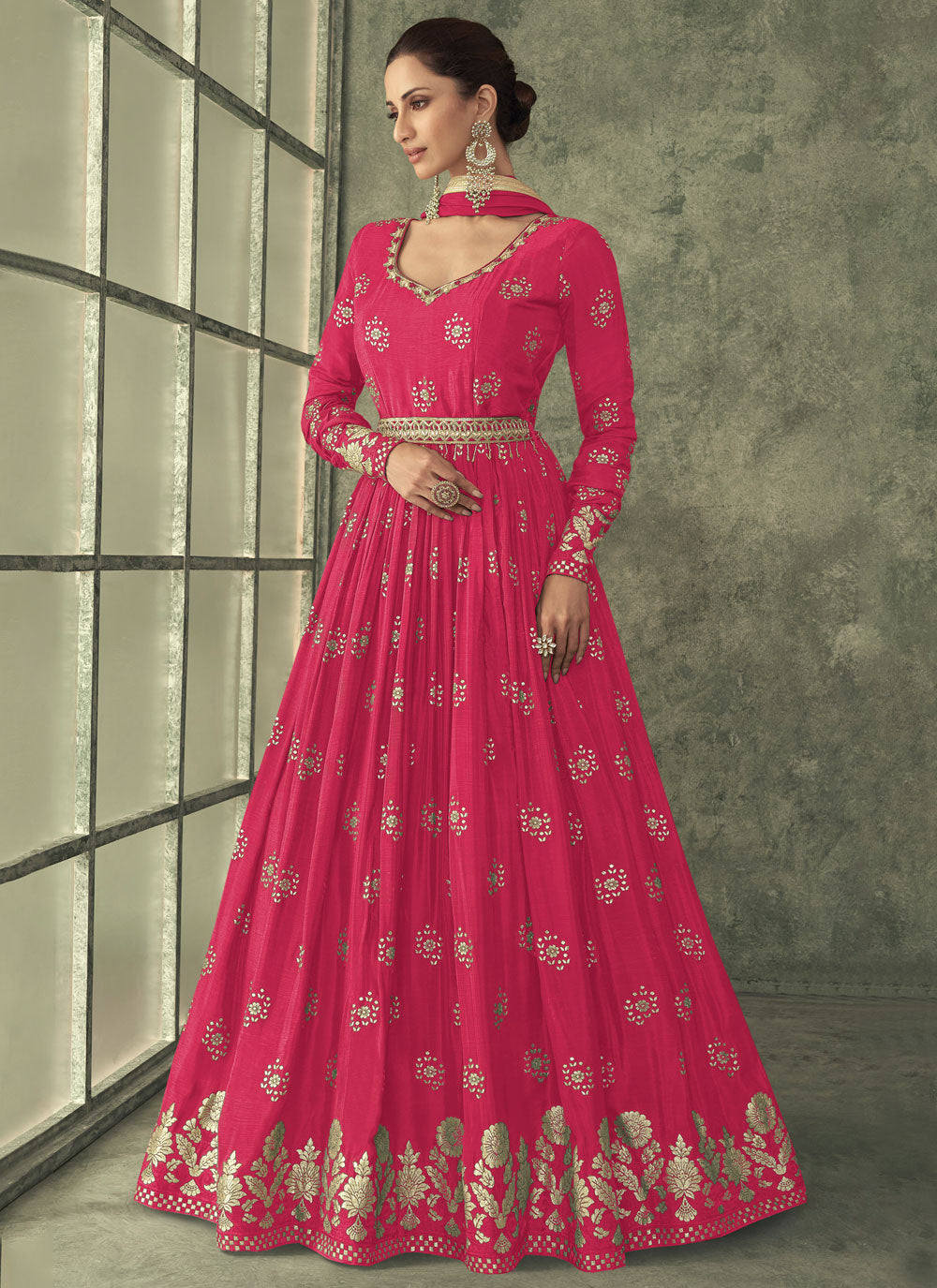 Embroidered And Foil Print Work Gown In Pink For Ceremonial