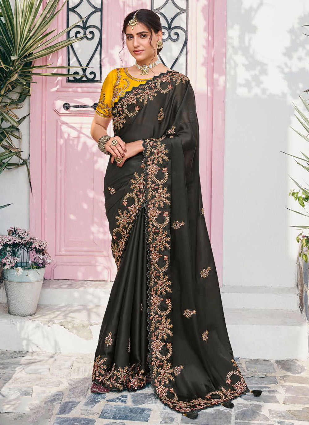 Black Satin Silk Trendy Saree