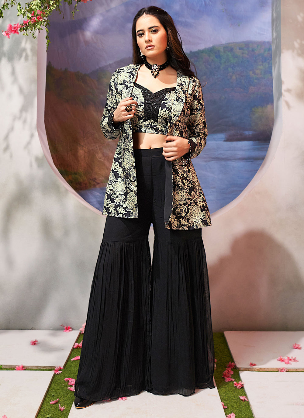 Black Silk Jacket Style Suit With Embroidered And Print Work For Women
