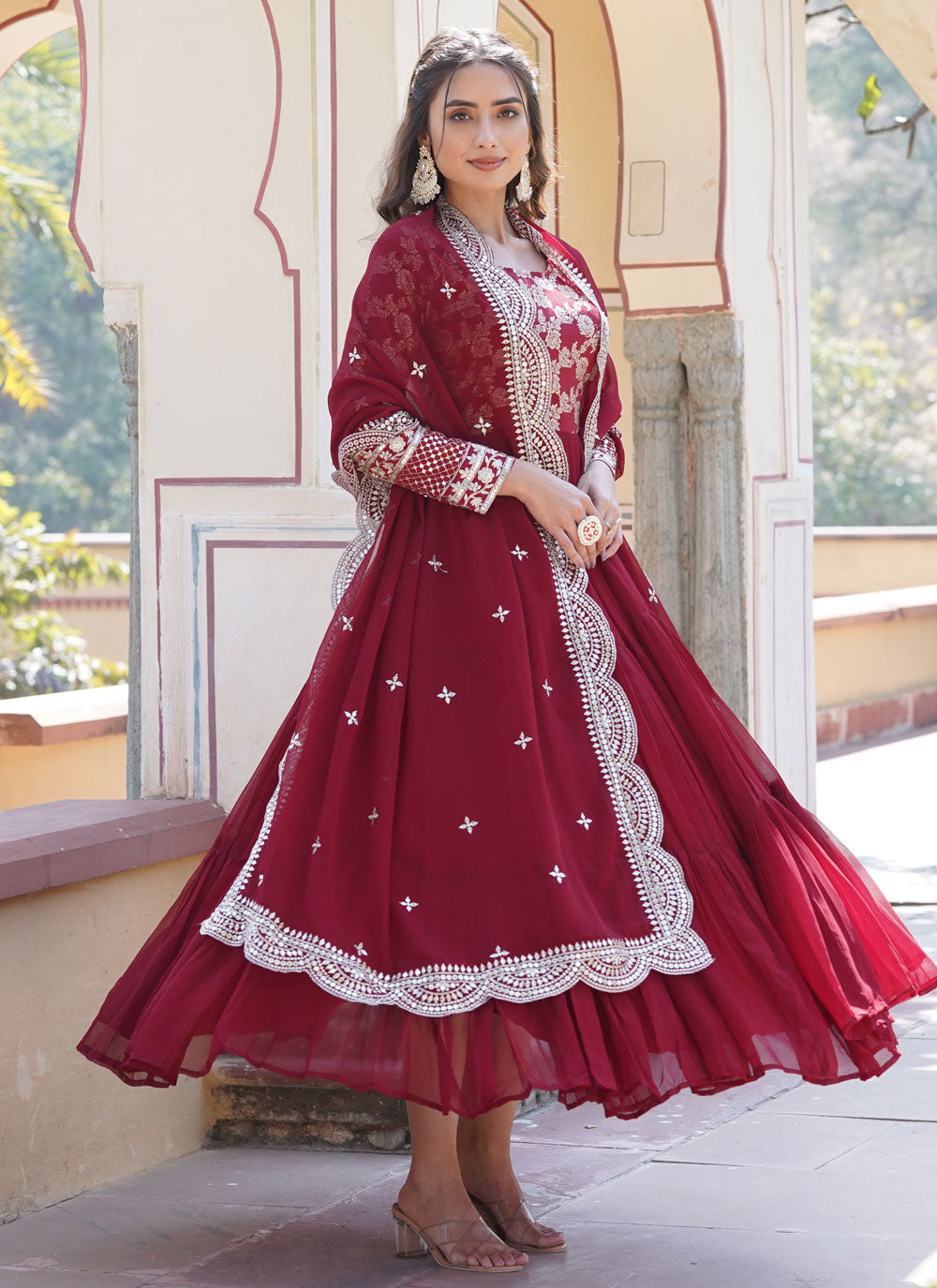 Maroon Viscose Designer Gown With Embroidered And Sequins Work For Women