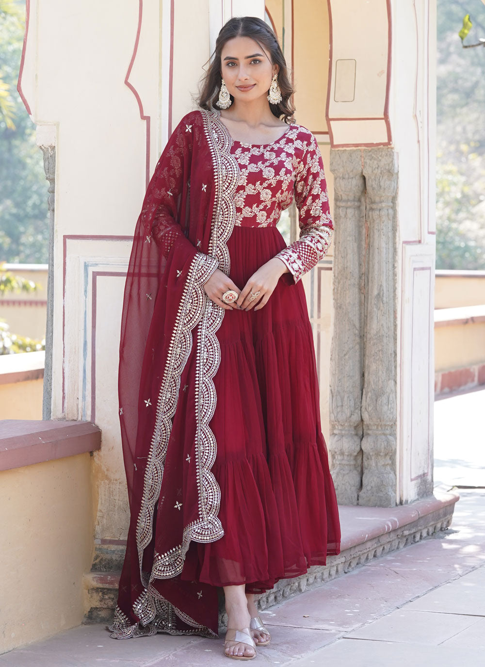 Maroon Viscose Designer Gown With Embroidered And Sequins Work For Women
