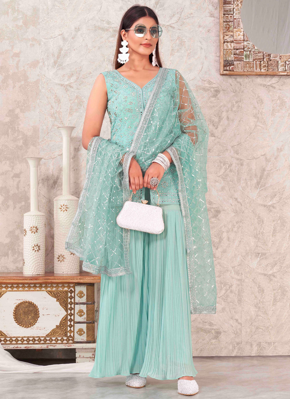 Embroidered And Mirror Work Georgette Readymade Salwar Suit In Teal