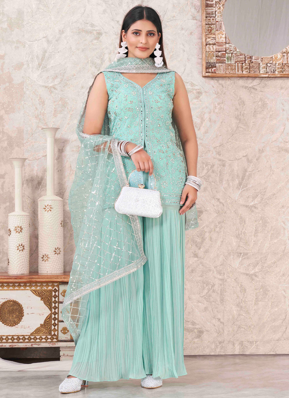 Embroidered And Mirror Work Georgette Readymade Salwar Suit In Teal