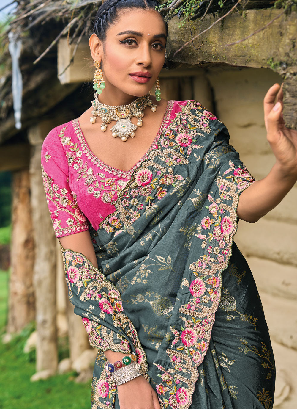 Grey Silk Designer Sari With Embroidered Work