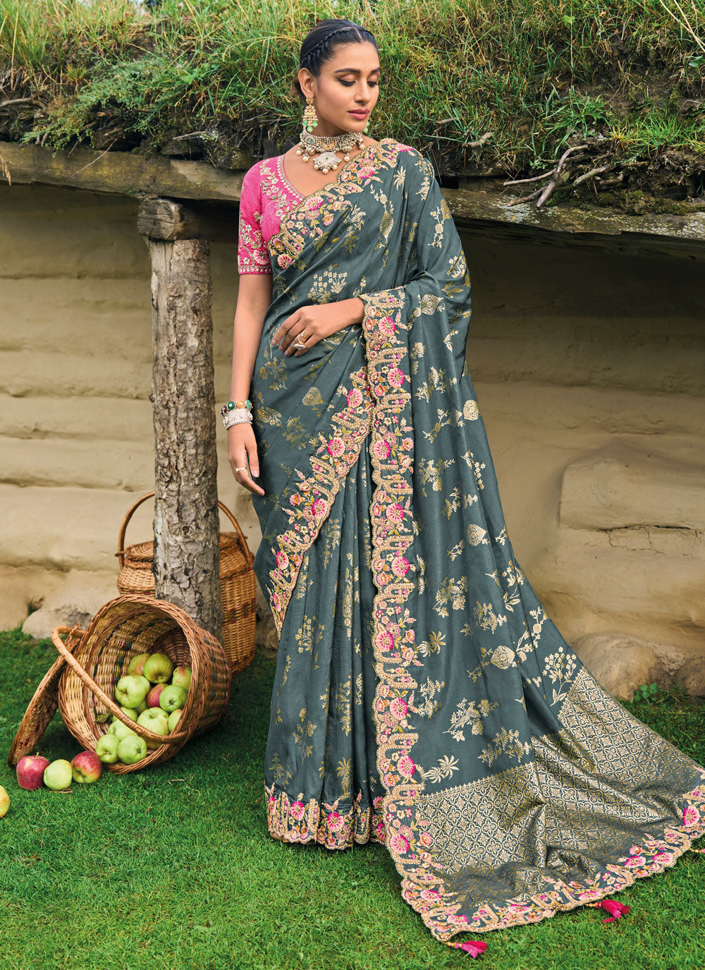 Grey Silk Designer Sari With Embroidered Work