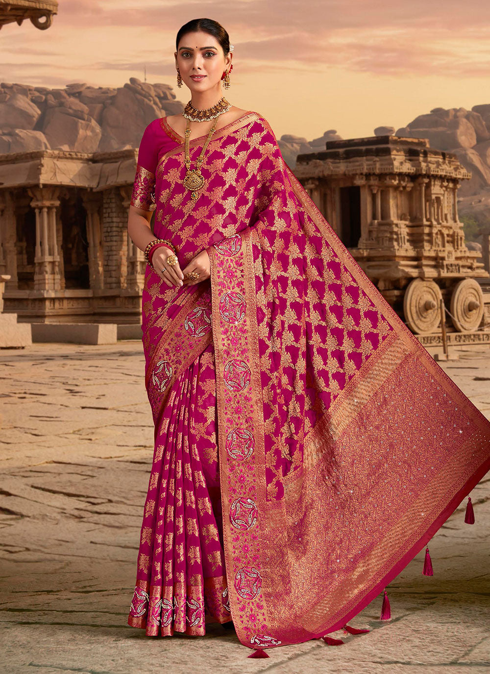 Pink Embroidered And Weaving Work Georgette Classic Sari
