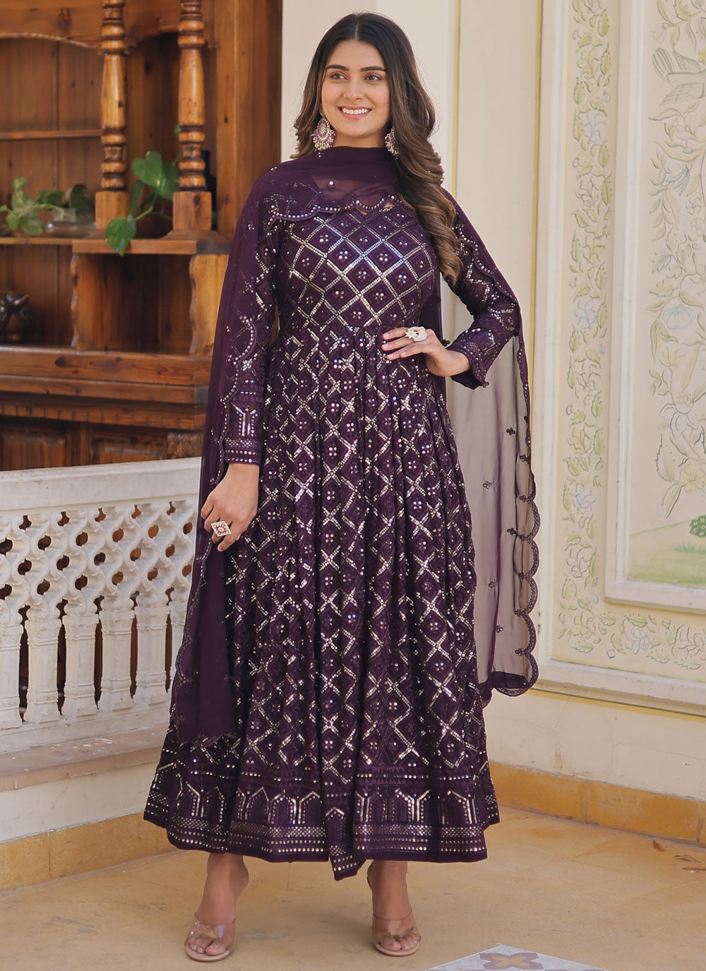 Embroidered And Sequins Work Designer Gown In Purple For Ceremonial