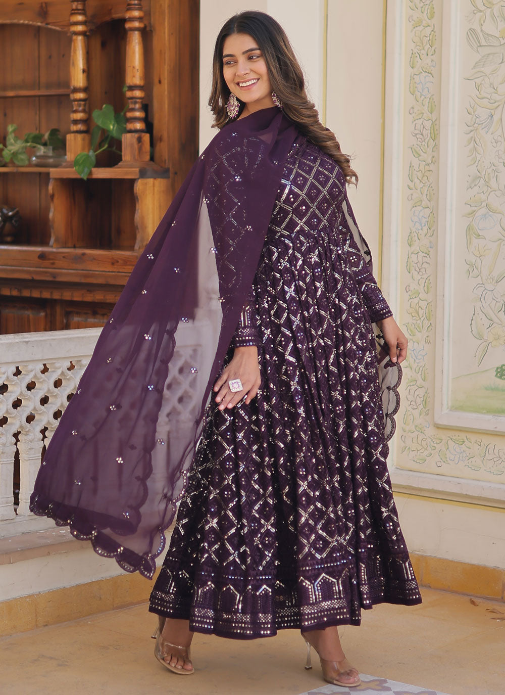 Embroidered And Sequins Work Designer Gown In Purple For Ceremonial