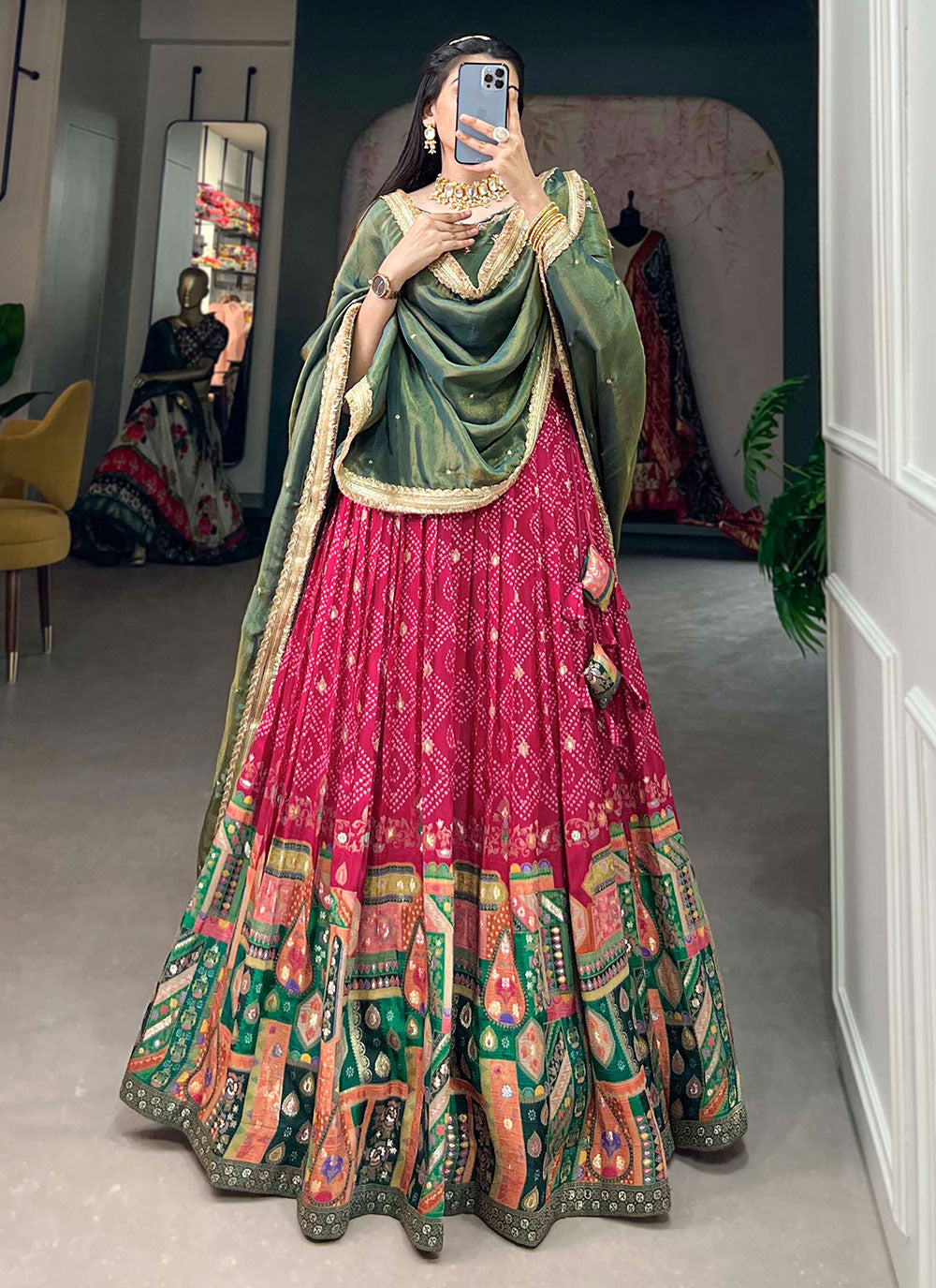 Jacquard Silk Lehenga Choli With Bandhej And Weaving Work