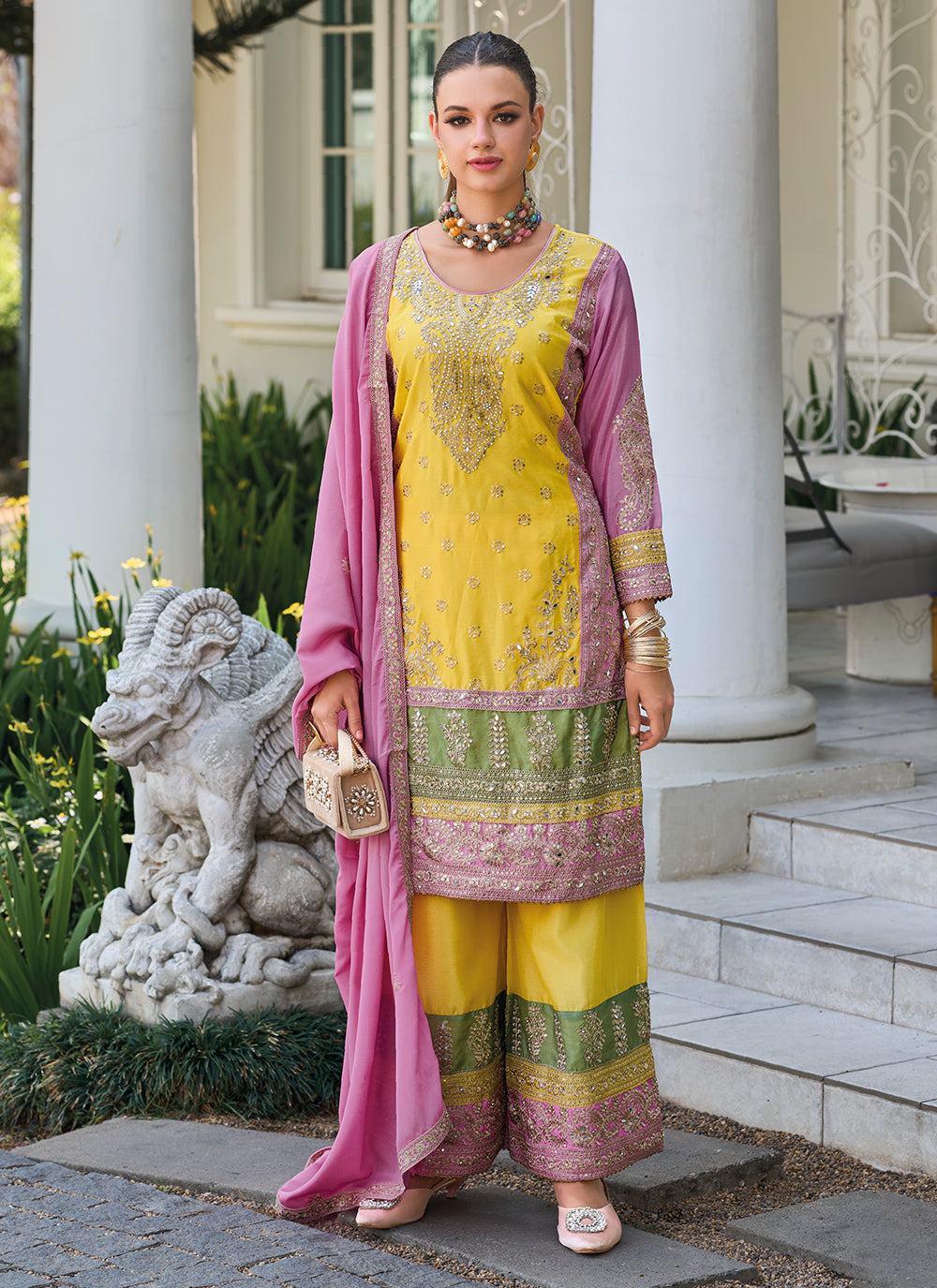 Imposing Yellow Chinon Salwar Suit With Embroidered Work