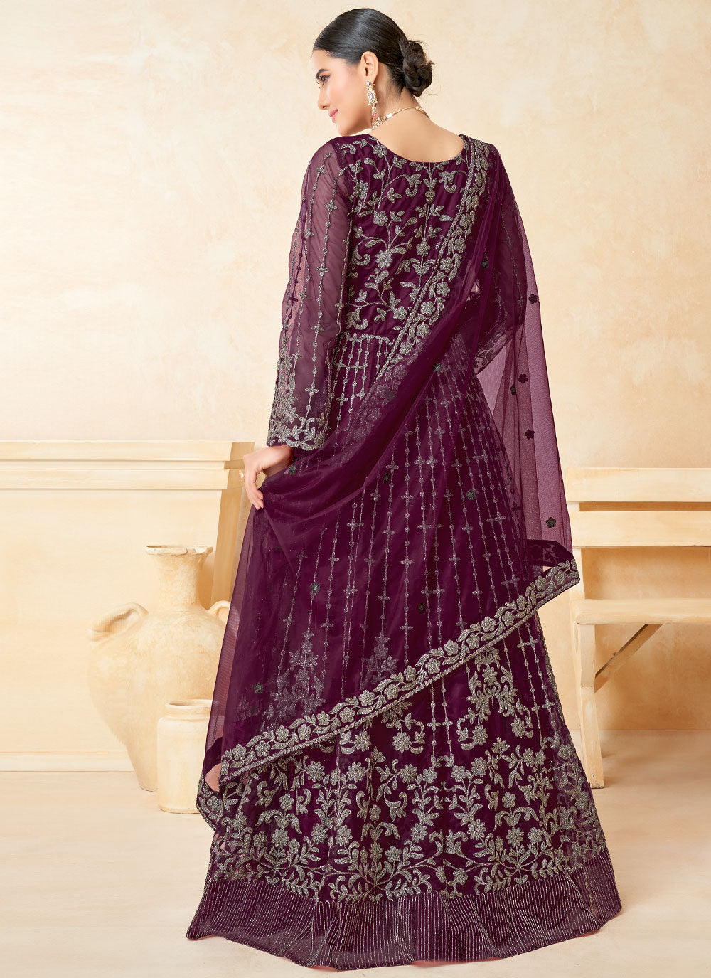 Trendy Salwar Kameez Embroidered Net In Purple