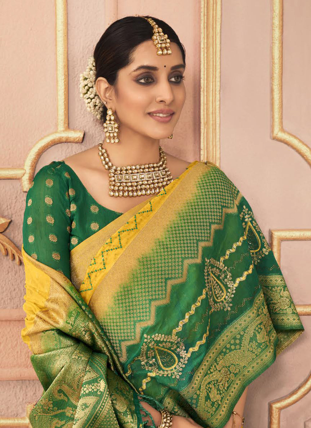 Embroidered, Resham And Stone Work Silk Trendy Saree In Green And Mustard