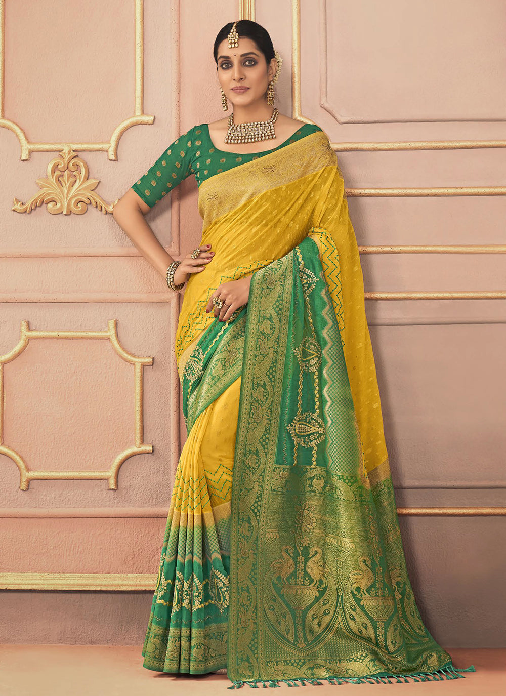 Embroidered, Resham And Stone Work Silk Trendy Saree In Green And Mustard