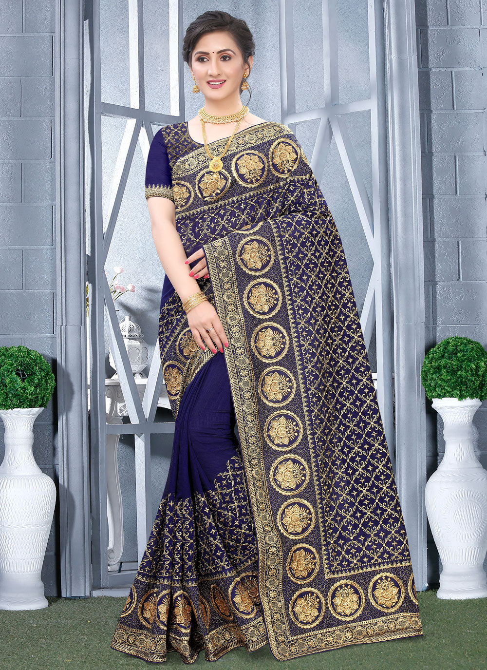 Embroidered And Zari Work Vichitra Silk Trendy Saree In Blue For Ceremonial