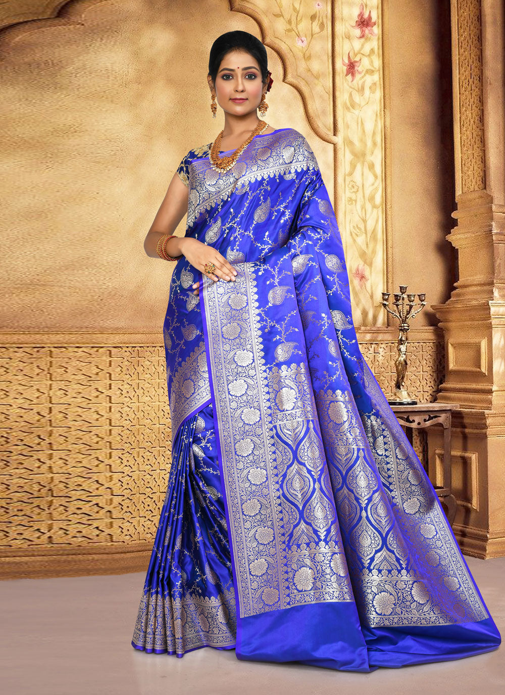 Weaving Katan Silk Saree In Blue