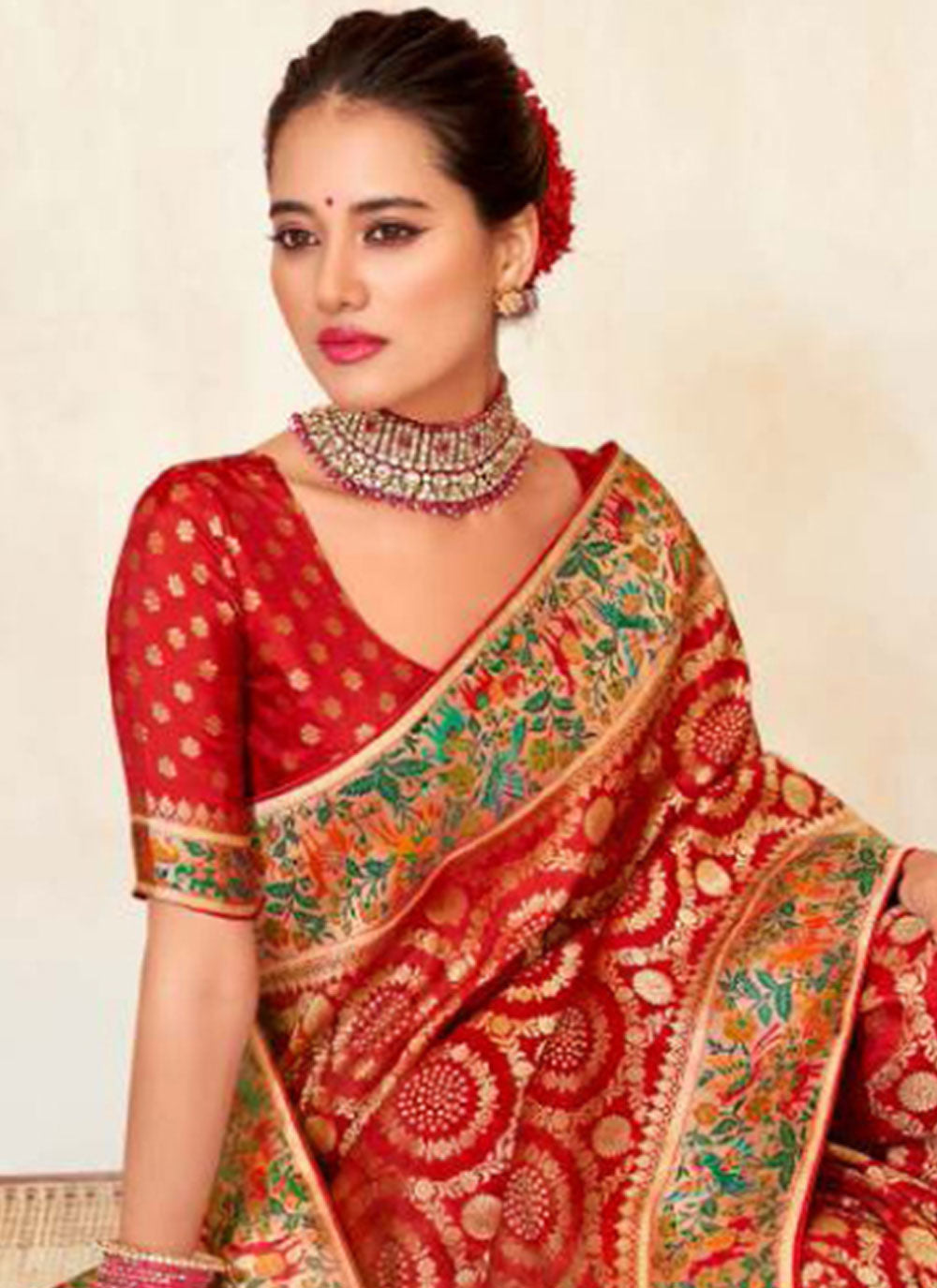 Red Silk Woven Work Trendy Saree