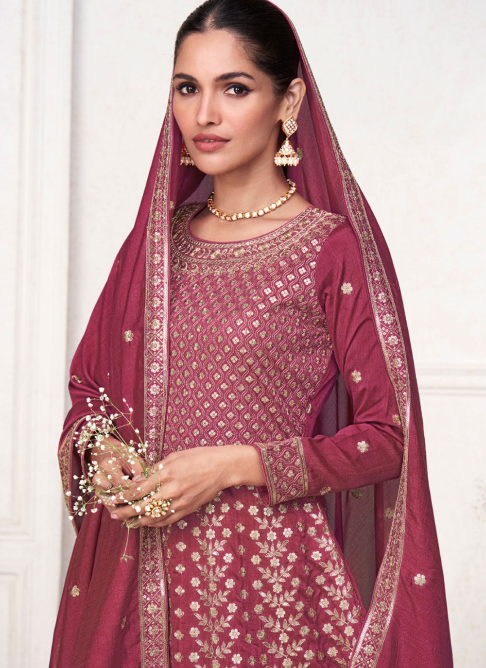 Embroidered Work Silk Salwar Suit In Pink For Ceremonial