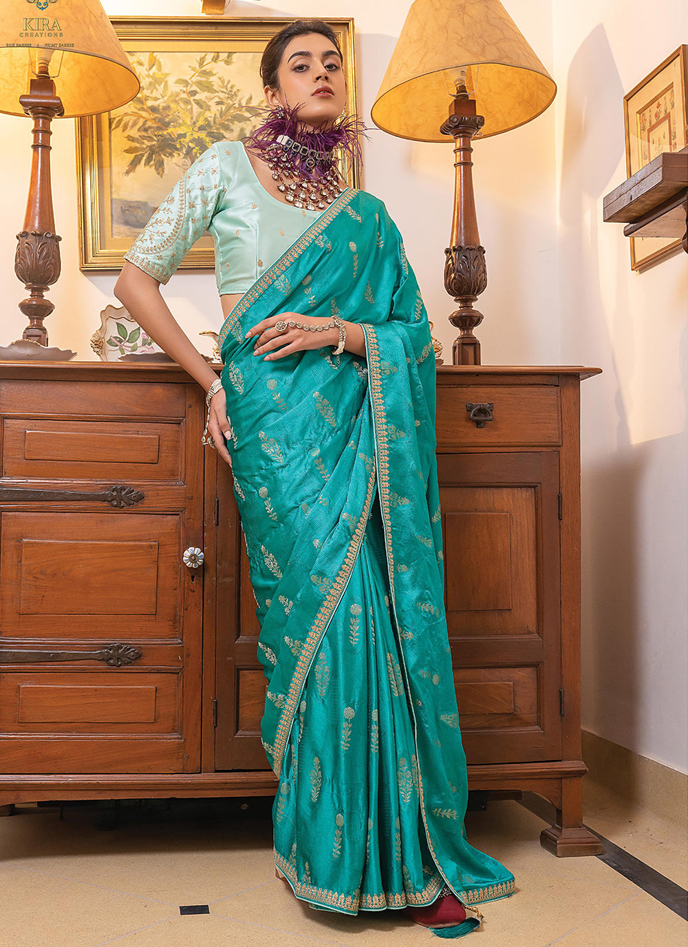 Turquoise Satin Traditional Saree With Embroidered Work For Party