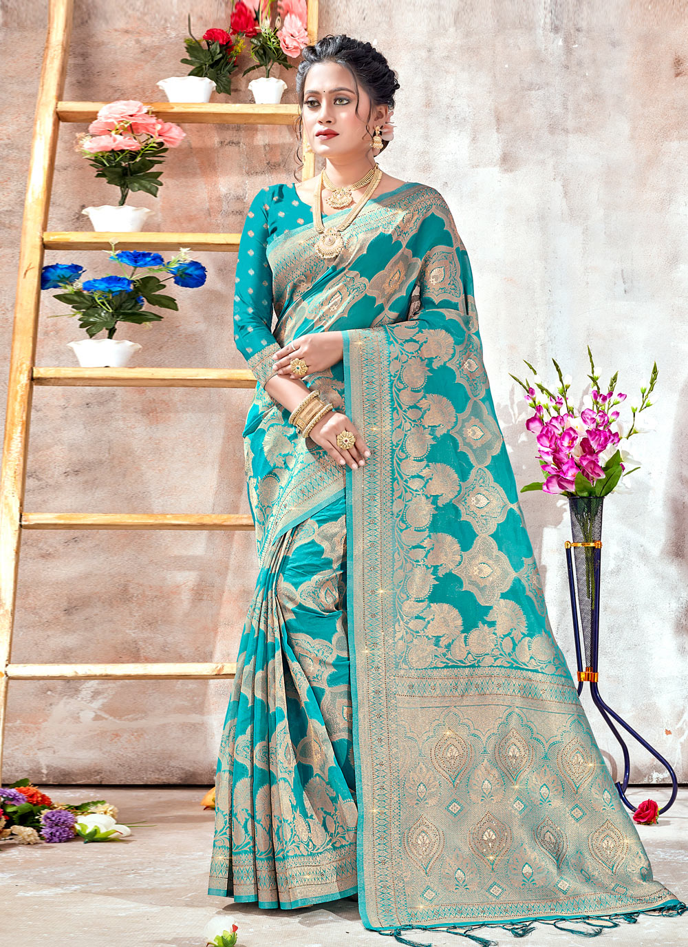 Turquoise Organza Mehndi Designer Saree