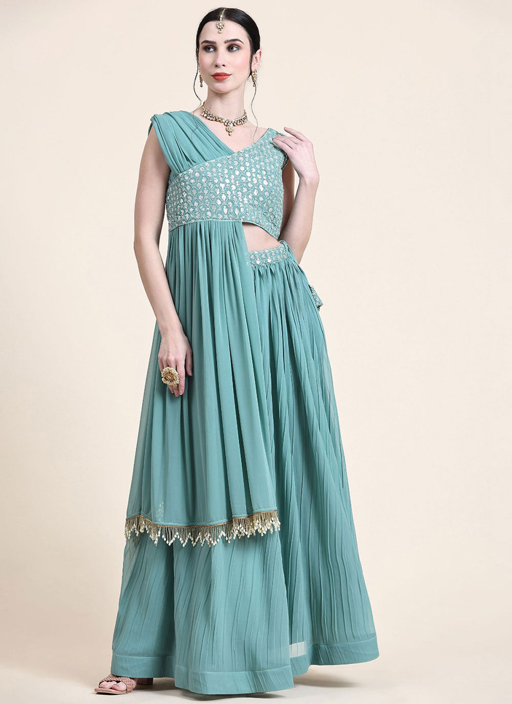 Turquoise Embroidered And Sequins Work Georgette Readymade Lehenga Choli