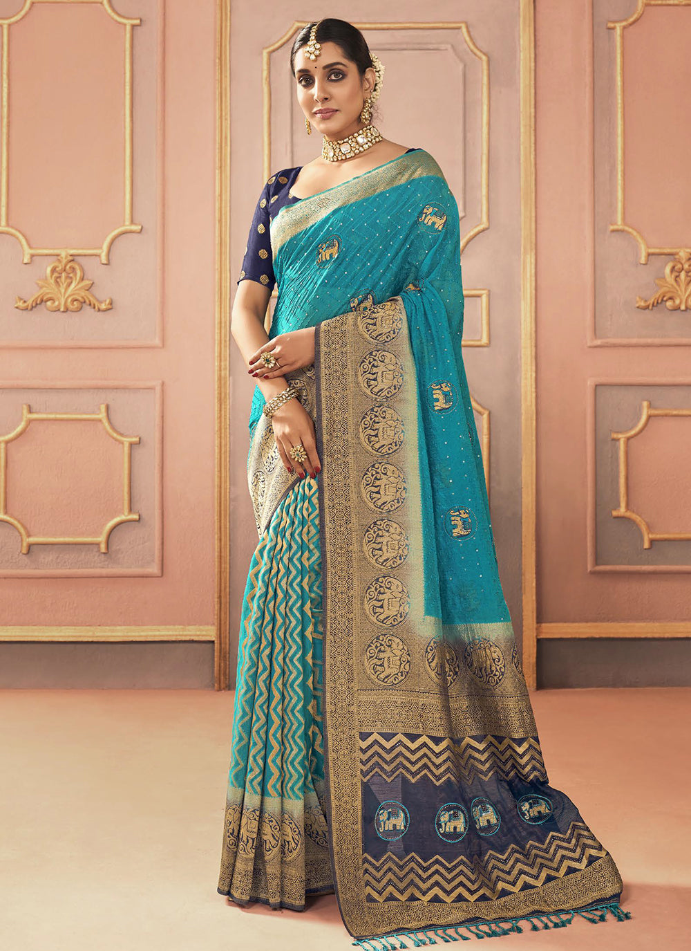 Turquoise Silk Contemporary Saree