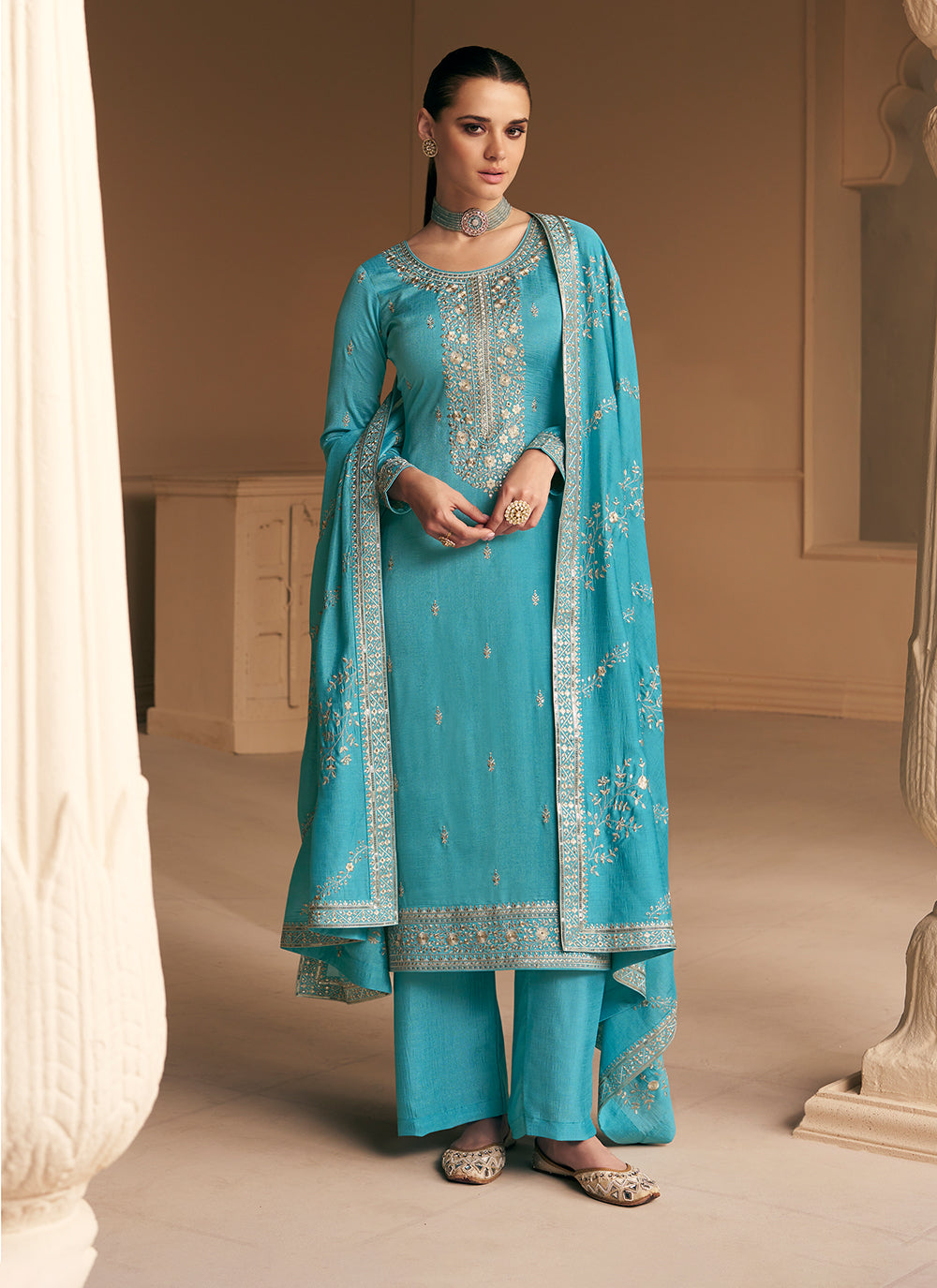 Turquoise Zari Silk Trendy Salwar Kameez