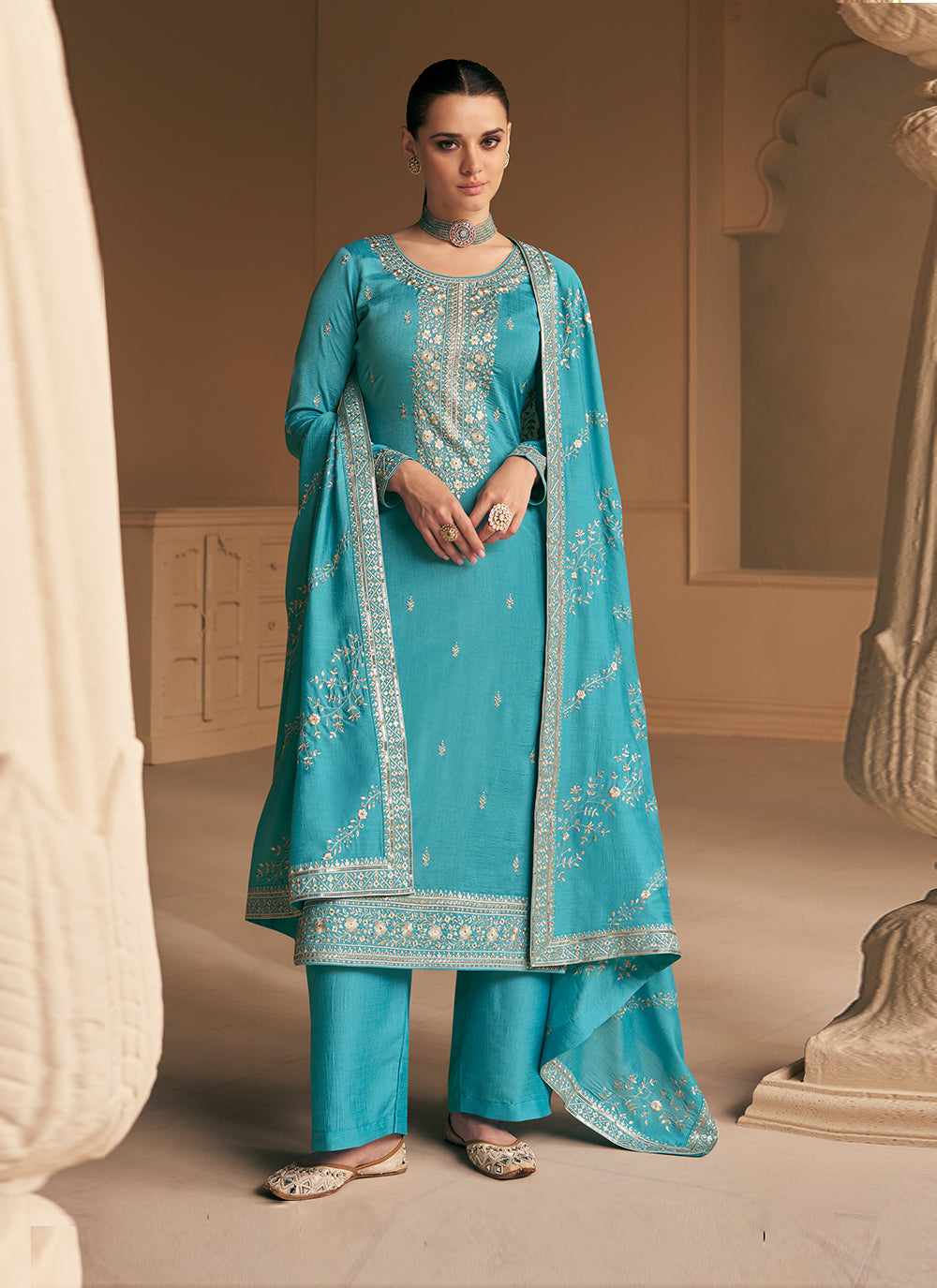 Turquoise Zari Silk Trendy Salwar Kameez