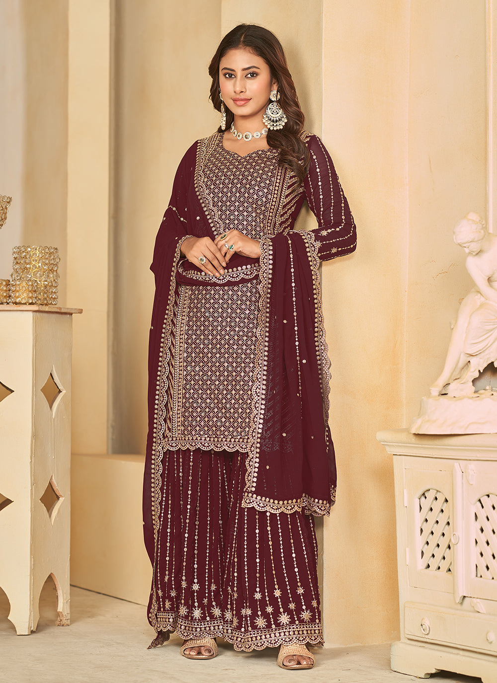 Maroon Faux Georgette Embroidered Work Salwar Suit For Women