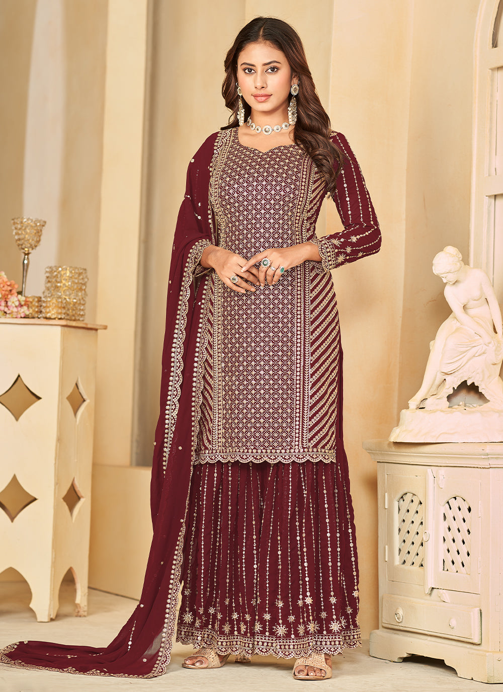 Maroon Faux Georgette Embroidered Work Salwar Suit For Women