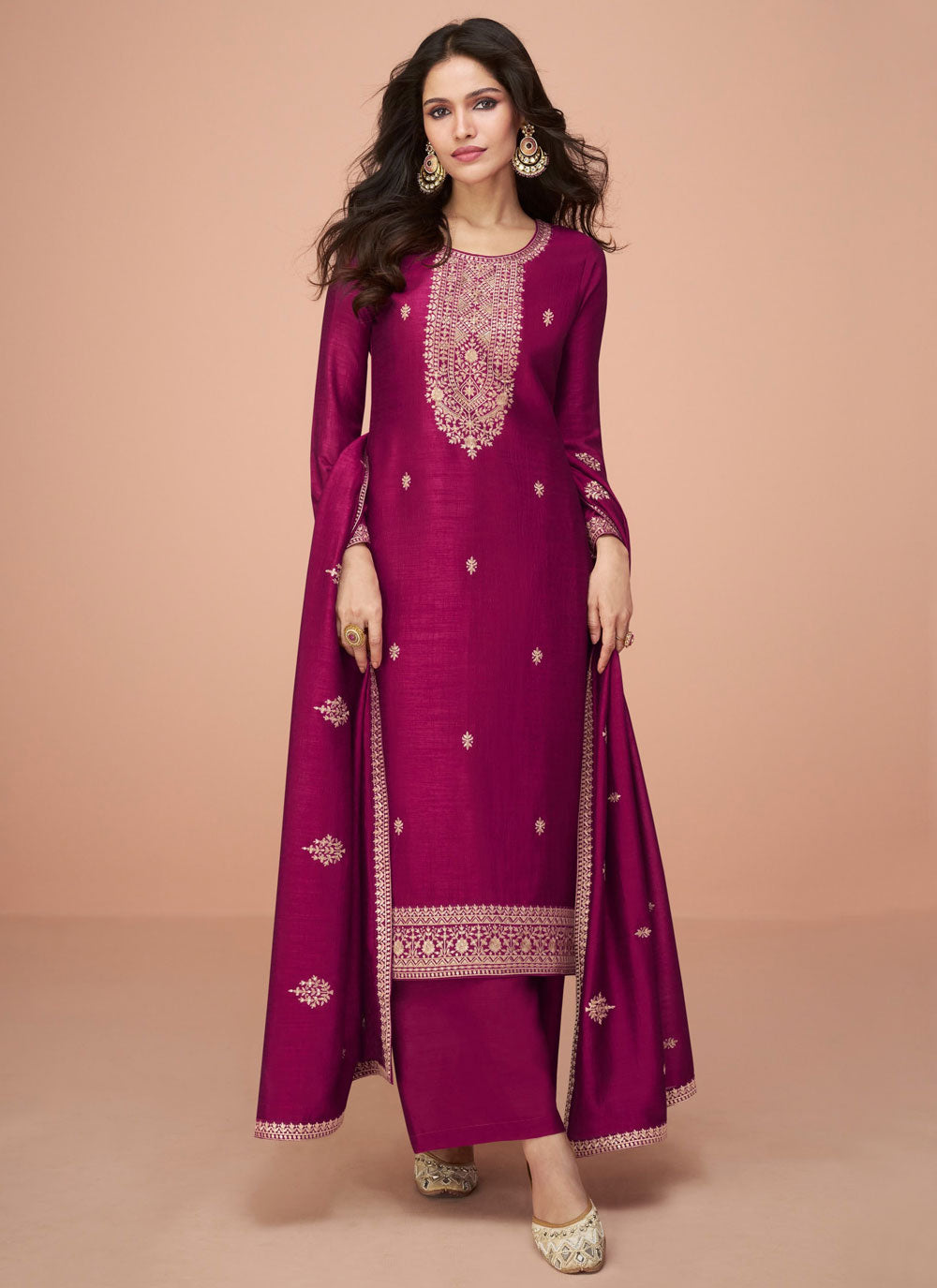 Embroidered And Sequins Work Silk Palazzo Salwar Suit In Magenta For Ceremonial