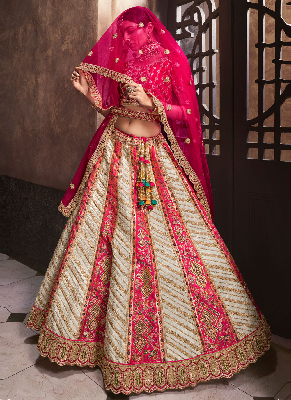 Cream And Pink Silk A - Line Lehenga Choli With Beads, Cut And Embroidered Work