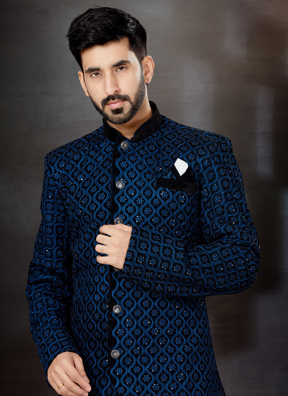 Sequins Indo Western Sherwani In Black And Blue