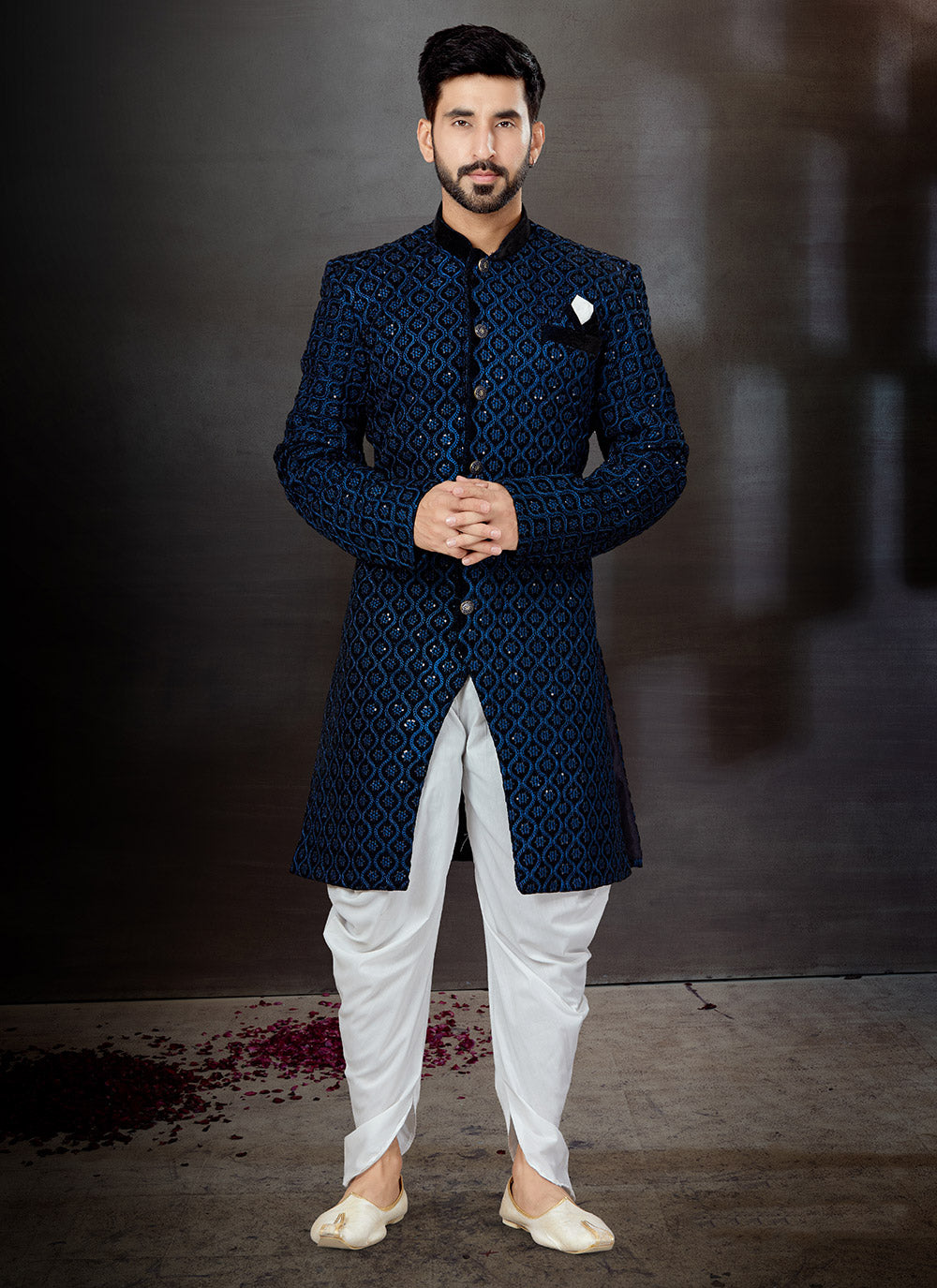 Sequins Indo Western Sherwani In Black And Blue